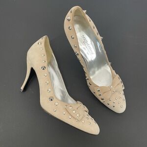 DOLCE & GABBANA Size 6.5 Suede Studded High Heels Neutral Cream Bow Slip On
